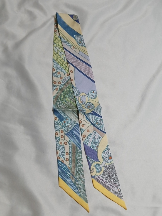 Hermes Accessories - Hermes Twilly Silk Scarf in Pastel Blue, Yellow & Green